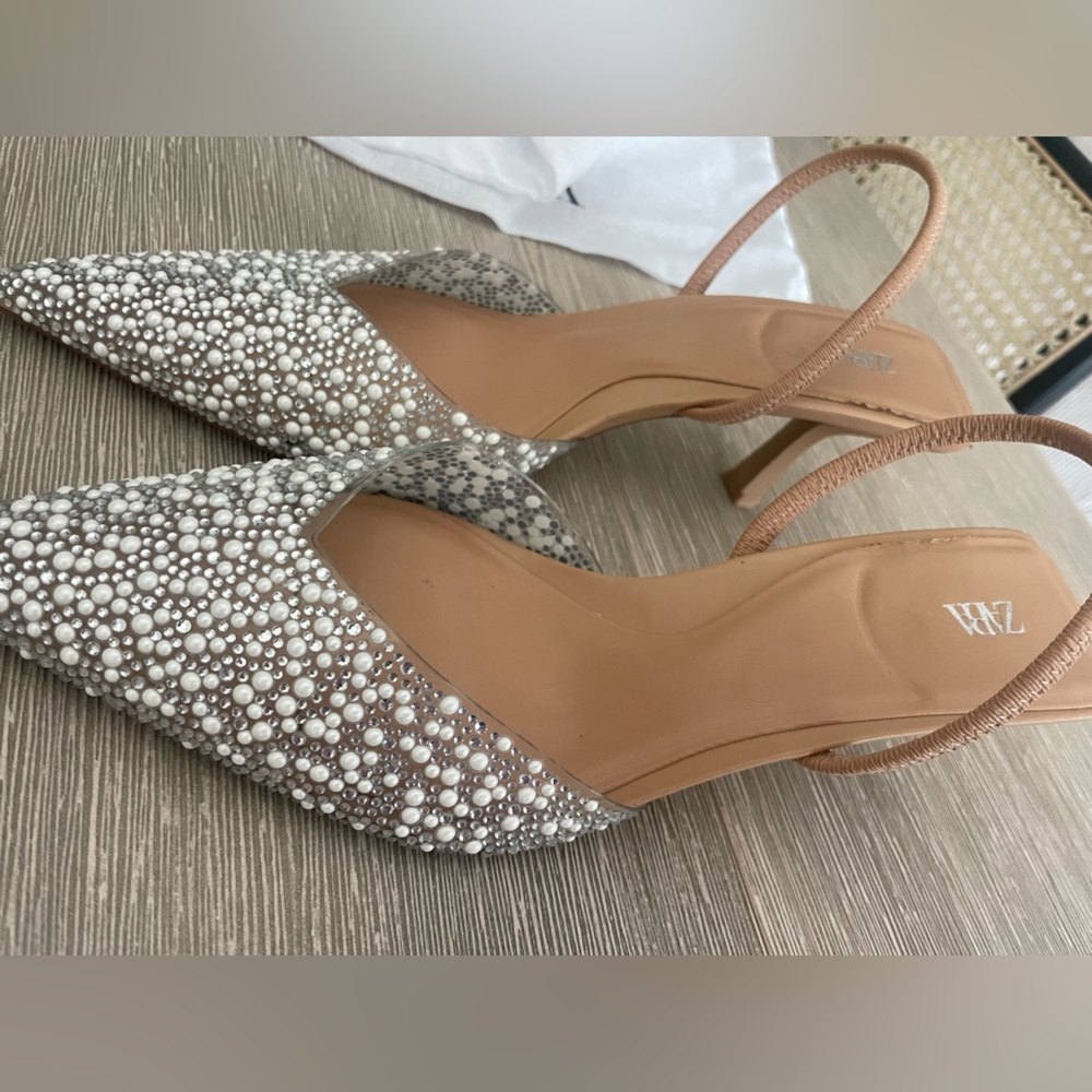 Zara rhinestone & pearl slingback heels